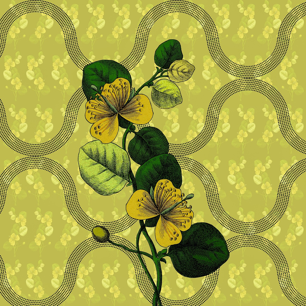 Moderne woonkamer met botanische printdecoratie.